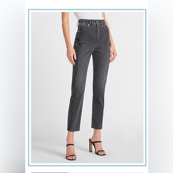 EXPRESS Super High Waisted Black Tonal Snakeskin Print Slim Ankle Jeans … - Picture 1 of 13
